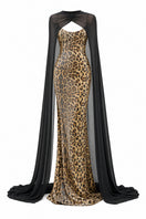 AWAVE leopard print maxi gown with thin straps displayed on a ghost mannequin, showcasing a stylish and elegant design.