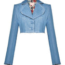 Liya Aqua Denim Cropped Blazer shown on model, featuring a fitted design with lapel collar and front buttons.