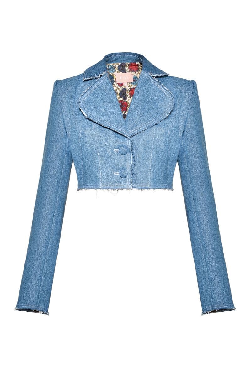 Liya Aqua Denim Cropped Blazer shown on model, featuring a fitted design with lapel collar and front buttons.