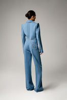 Liya Aqua Denim Cropped Blazer shown on a model with a tailored fit and long sleeves, styled for a casual chic look.