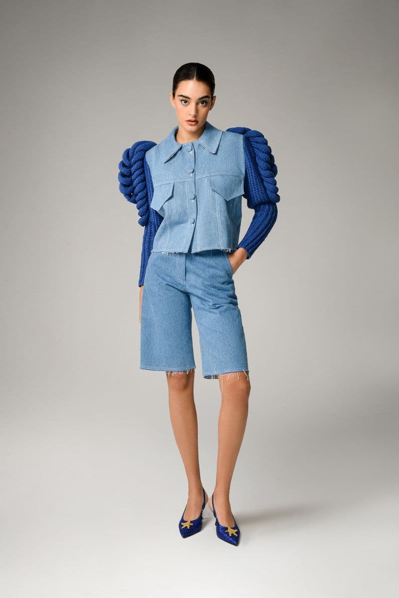 AQUA DENIM KNITTED SLEEVES JACKET | Liya | CULT MIA