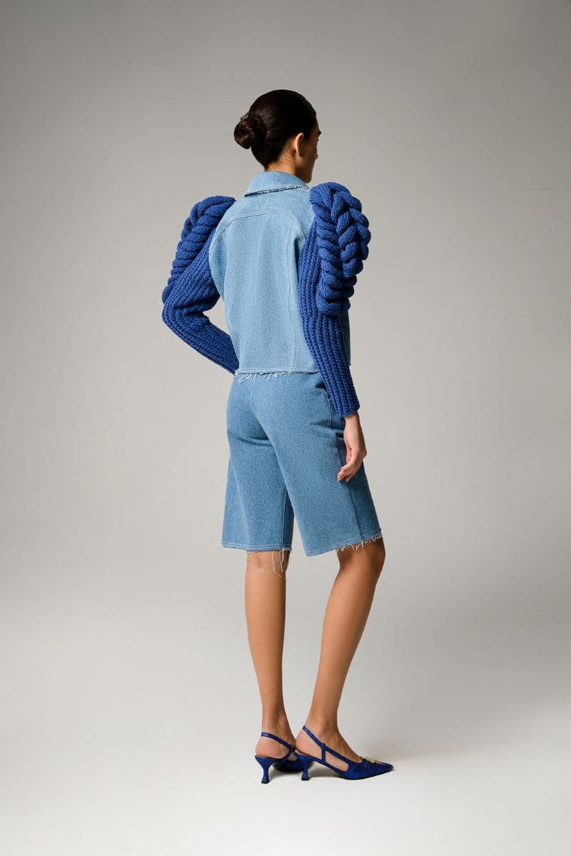 AQUA DENIM KNITTED SLEEVES JACKET | Liya | CULT MIA