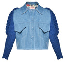 Liya Aqua Denim Knitted Sleeves Jacket shown in aqua blue with ribbed knit sleeves and stylish design.