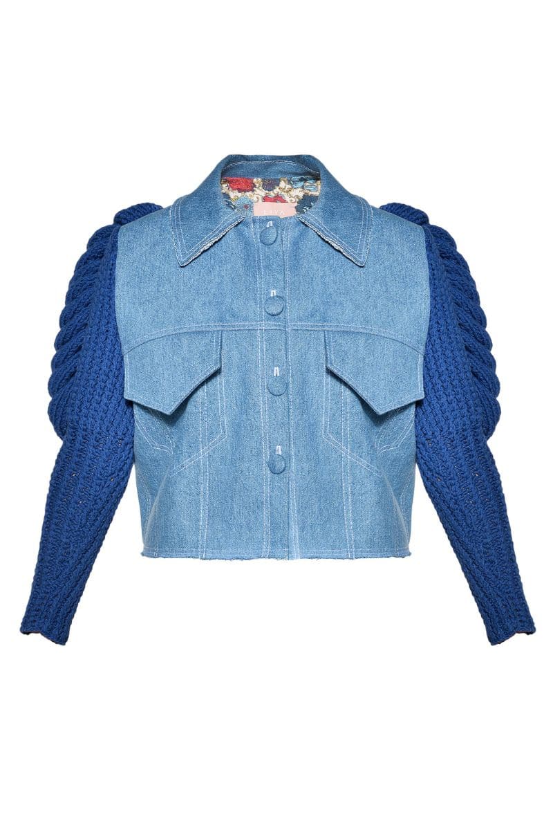 AQUA DENIM KNITTED SLEEVES JACKET | Liya | CULT MIA
