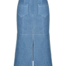 Liya Aqua Denim Midi Skirt displayed on a hanger, showcasing its light blue denim fabric and midi length style.