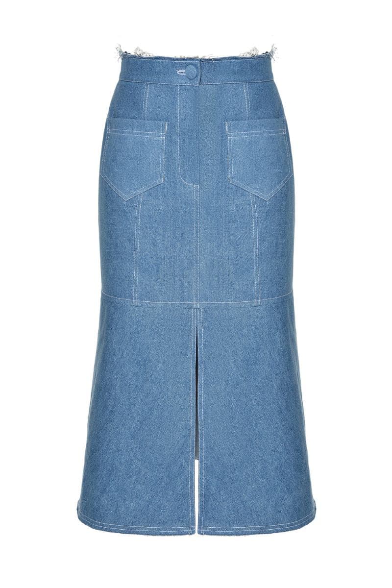 Liya Aqua Denim Midi Skirt displayed on a hanger, showcasing its light blue denim fabric and midi length style.