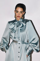 Liya Aqua long sleeve midi dress in blue, featuring a fitted silhouette and elegant design, perfect for stylish occasions.