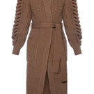 Dark brown Liya hand-knitted coat with long sleeves and textured knit pattern, stylish and cozy for cold weather.