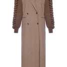 Liya camel double-breasted knitted sleeves coat in camel brown, stylish winter outerwear with button details and cozy design.