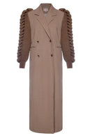 Liya camel double-breasted knitted sleeves coat in camel brown, stylish winter outerwear with button details and cozy design.