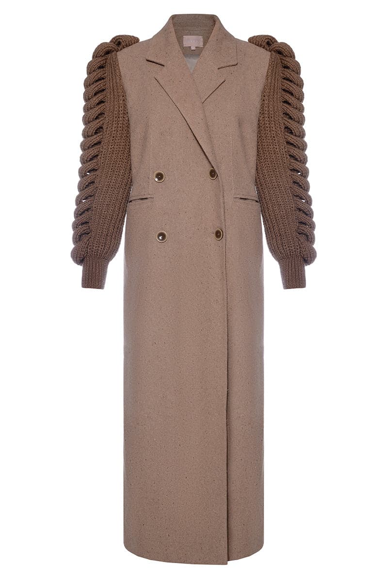 Liya camel double-breasted knitted sleeves coat in camel brown, stylish winter outerwear with button details and cozy design.
