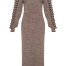 Liya Cult Mia X Liya almond frost knitted maxi dress with long sleeves and a cozy, textured knit fabric.