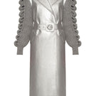 Liya Cult Mia X Liy Disco Trench Coat in metallic silver with shiny, reflective fabric and classic trench design.