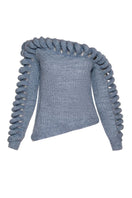 Liya Cult Mia X Liya shoulder frame sweater in lake blue, featuring a cozy knit design and stylish shoulder detailing.