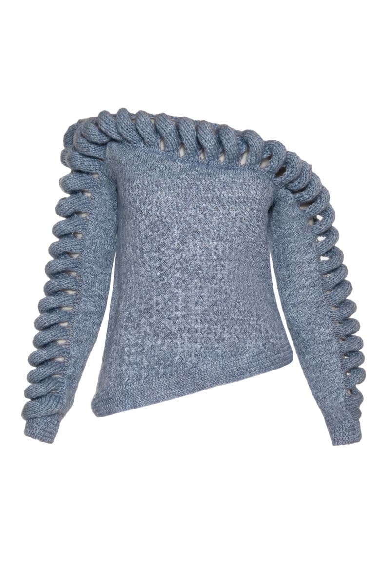 Liya Cult Mia X Liya shoulder frame sweater in lake blue, featuring a cozy knit design and stylish shoulder detailing.