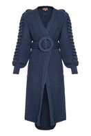 Liya Cult Mia X Liya statement cardigan with belt in midnight blue, featuring a cozy knit and stylish design.