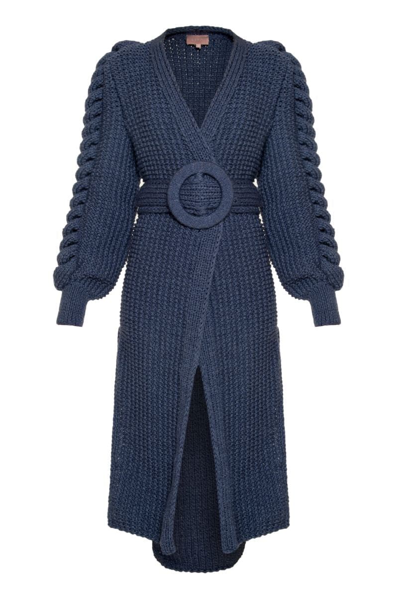 Liya Cult Mia X Liya midnight blue statement cardigan with belt, featuring a cozy knit and stylish design.