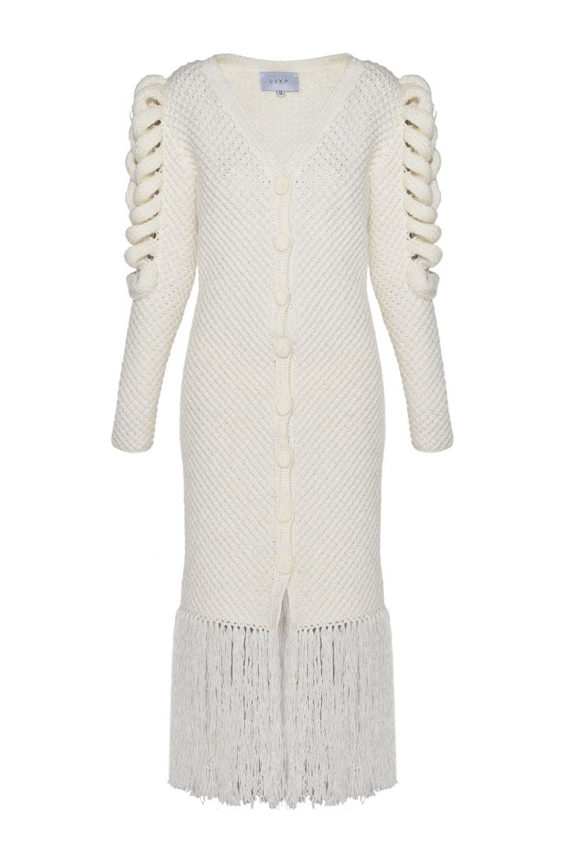 IVORY KNITTED SLEEVE FRINGE MIDI DRESS | Liya | CULT MIA