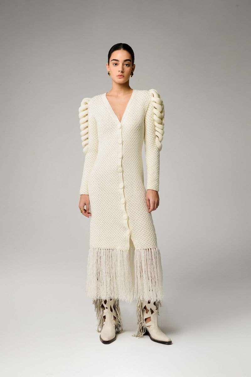 IVORY KNITTED SLEEVE FRINGE MIDI DRESS | CULT MIA | Liya IVORY KNITTED SLEEVE FRINGE MIDI DRESS | CULT MIA | Liya