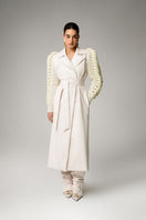 Liya ivory knitted sleeves trench coat, stylish lightweight outerwear with textured knit details and classic silhouette.