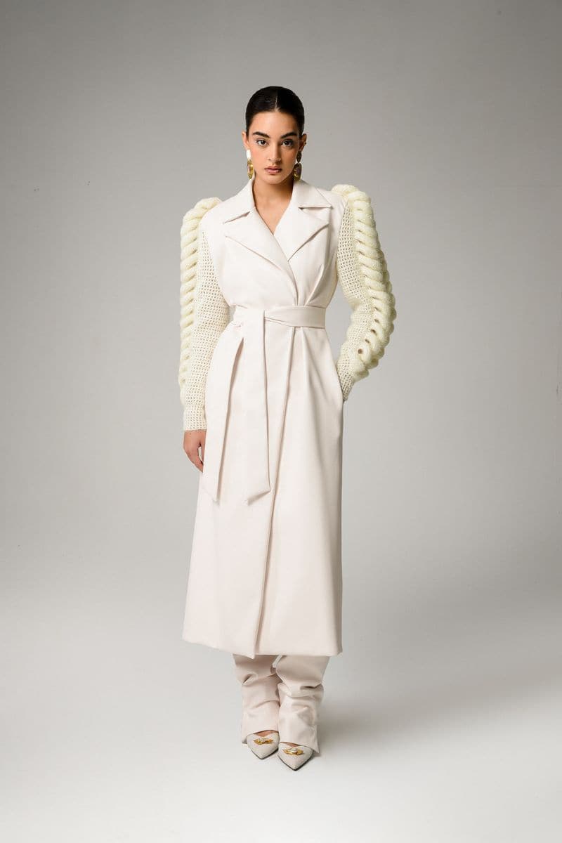 Liya ivory knitted sleeves trench coat, stylish lightweight outerwear with textured knit details and classic silhouette.