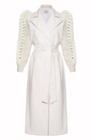 Liya ivory knitted-sleeves trench coat, stylish outerwear with textured knitted sleeves and classic trench design.