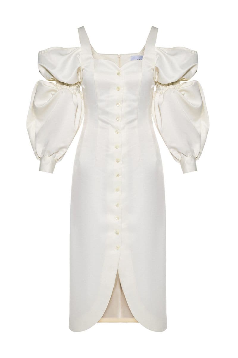 IVORY PUFF SLEEVE MIDI DRESS | Liya | CULT MIA