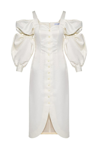 white midi puff sleeve dress Liya IVORY PUFF SLEEVE MIDI DRESS