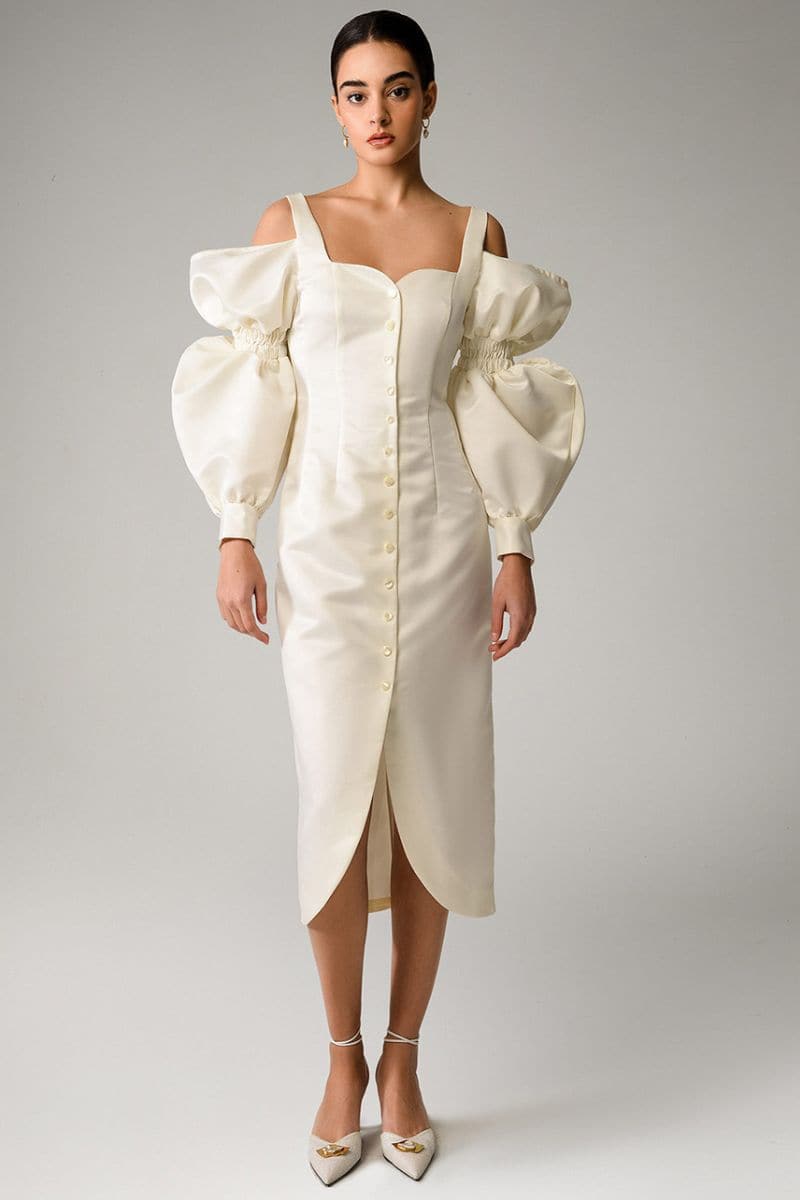 Liya IVORY PUFF SLEEVE MIDI DRESS | Cult Mia Liya IVORY PUFF SLEEVE MIDI DRESS | Cult Mia