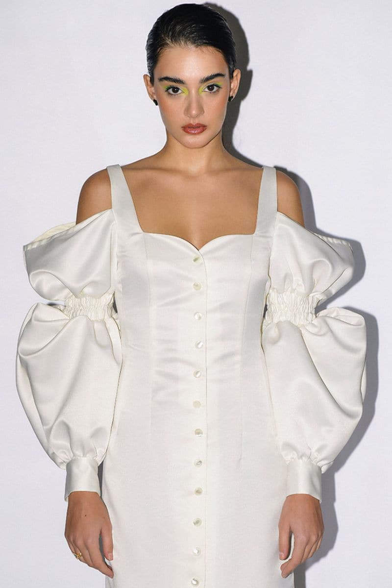 IVORY PUFF SLEEVE MIDI DRESS | Liya | CULT MIA