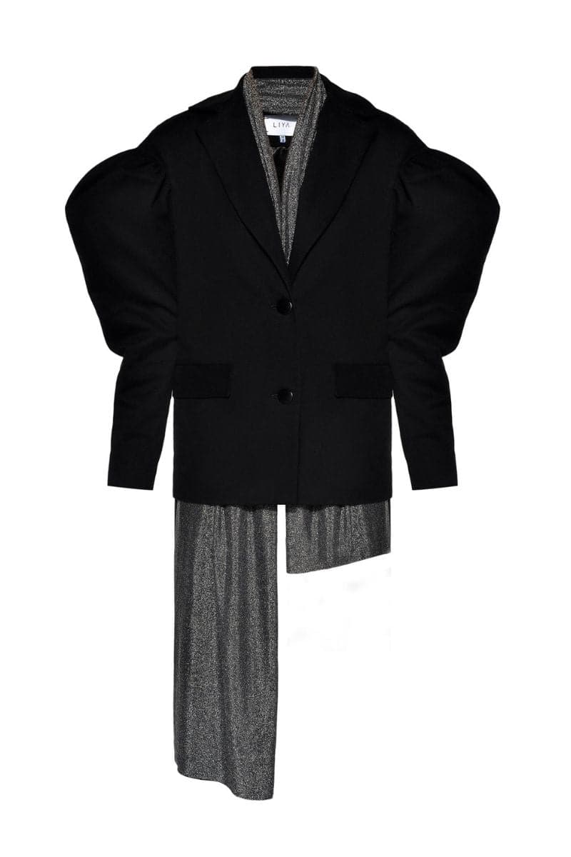 Liya Onyx blazer with removable scarf in black, tailored fit, featuring sleek lapels and stylish accessory detail.
