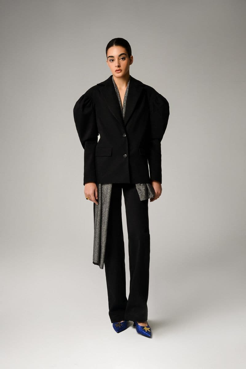 Liya Onyx blazer with removable scarf in black, tailored fit, featuring lapels and stylish design.