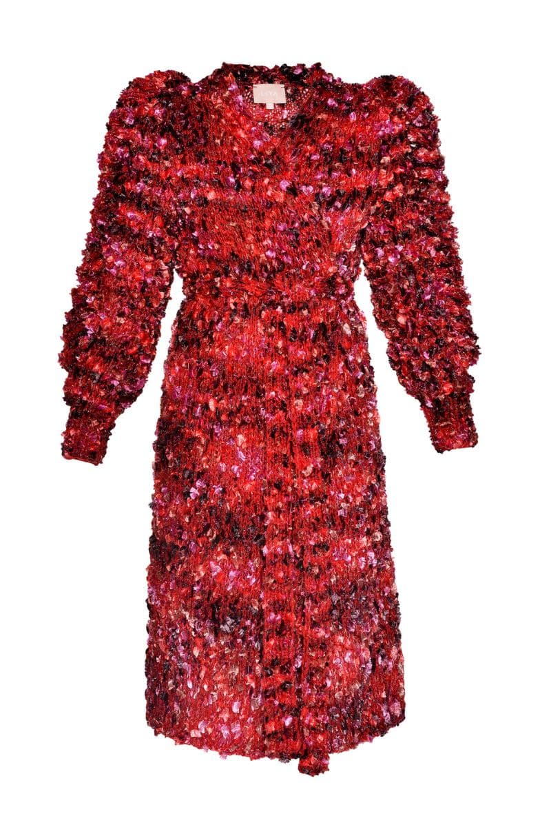 Liya Poppy knitted cardigan in red and black with button details, long sleeves, and a cozy, textured knit design.