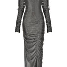 Liya silver sparkly maxi dress with flowing fabric and shimmering embellishments, perfect for elegant evening wear.