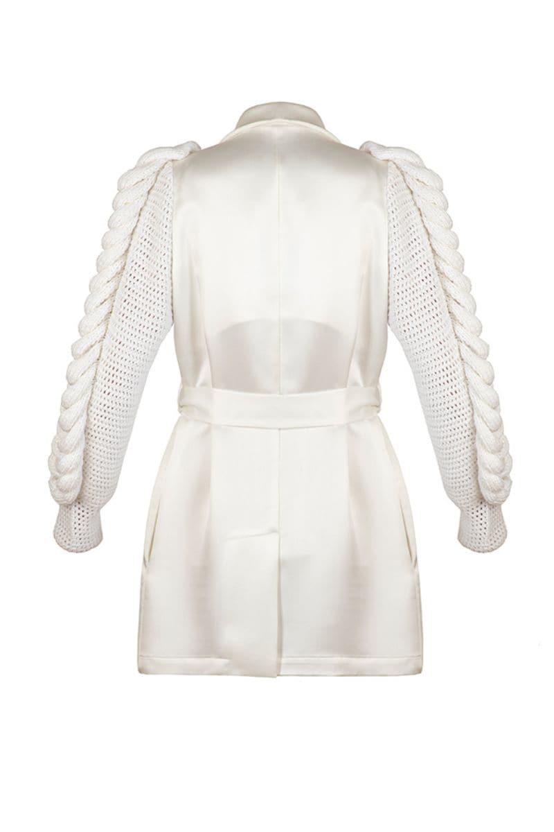 White Liya Summer Breeze knitted sleeves jacket with a relaxed fit, lightweight knit fabric, and stylish design.