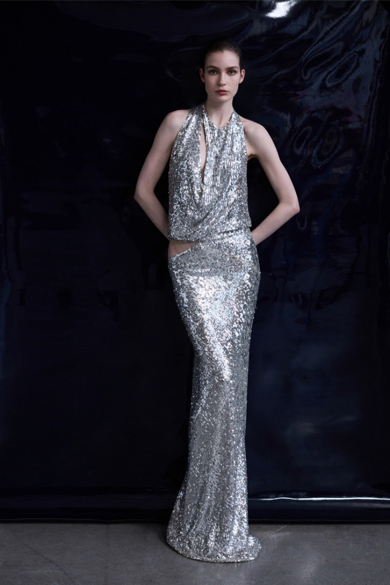 LONE CROWL NECK CUT OUT DETAILED SEQUIN MAXI DRESS