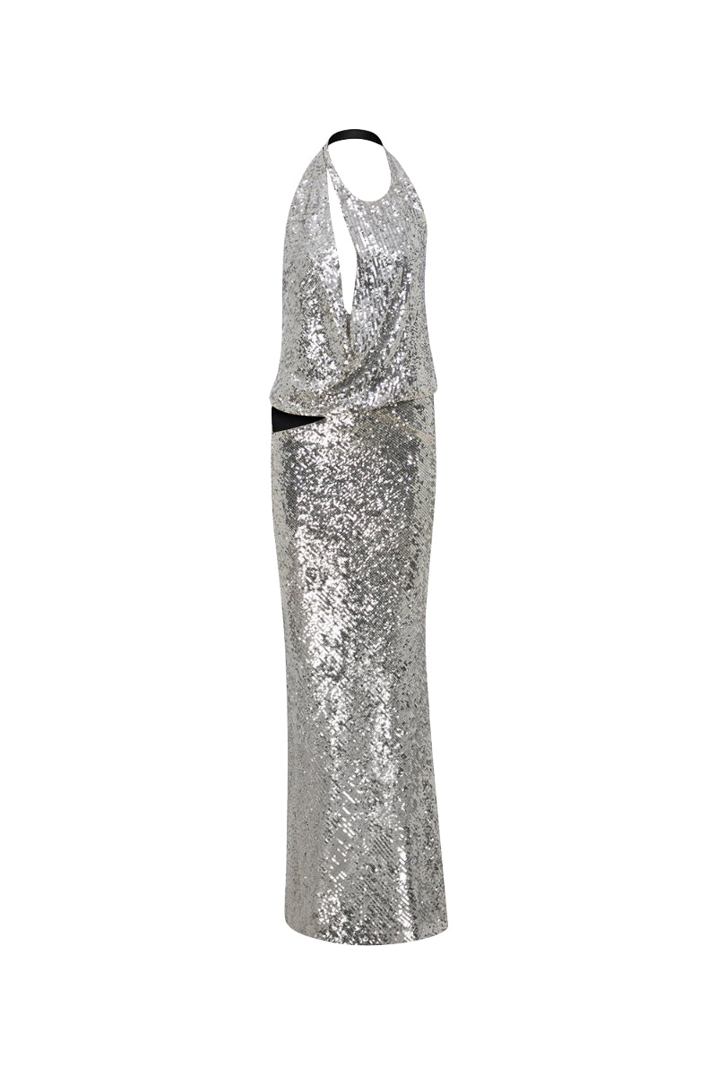LONE CROWL NECK CUT OUT DETAILED SEQUIN MAXI DRESS
