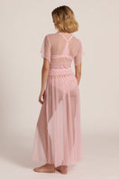Long pink mesh robe by Luciela, featuring sheer fabric and flowing design, shown from the back view.