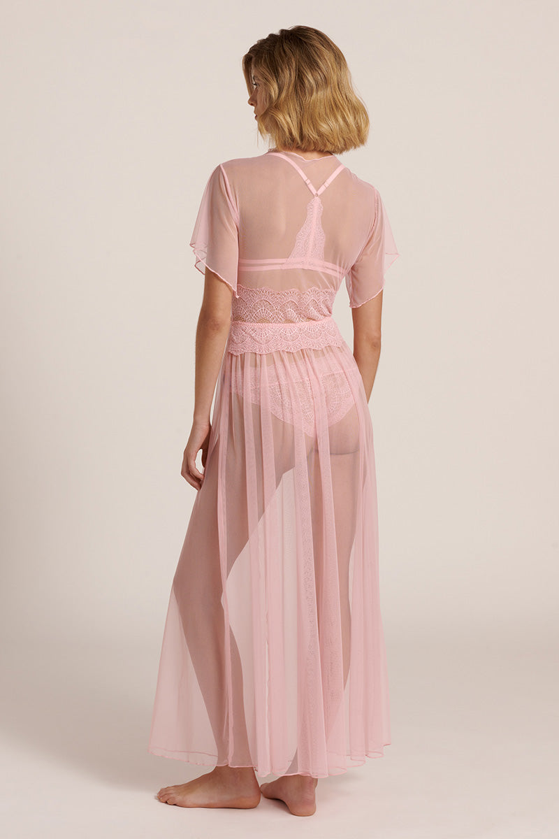 Long pink mesh robe by Luciela, featuring sheer fabric and flowing design, shown from the back view.