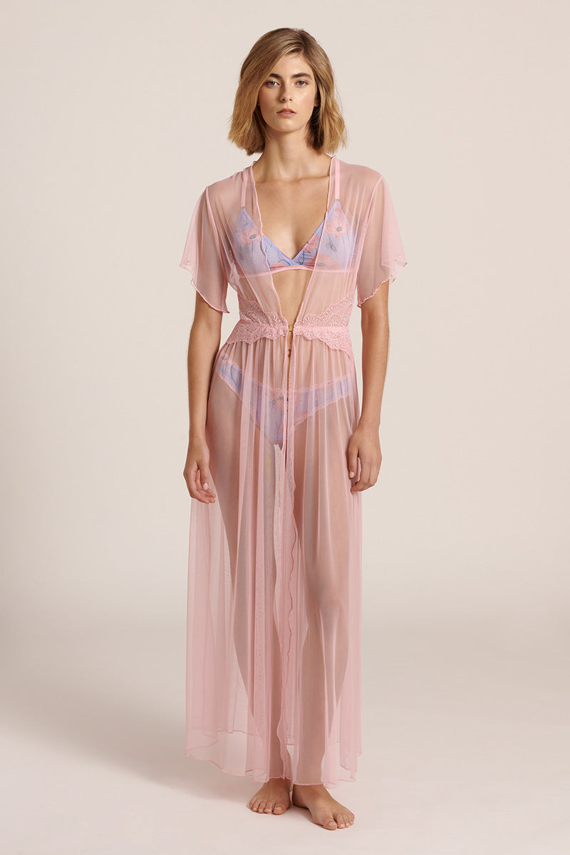 Long pink mesh robe by Luciela featuring a lightweight, sheer design perfect for elegant loungewear or intimate wear.
