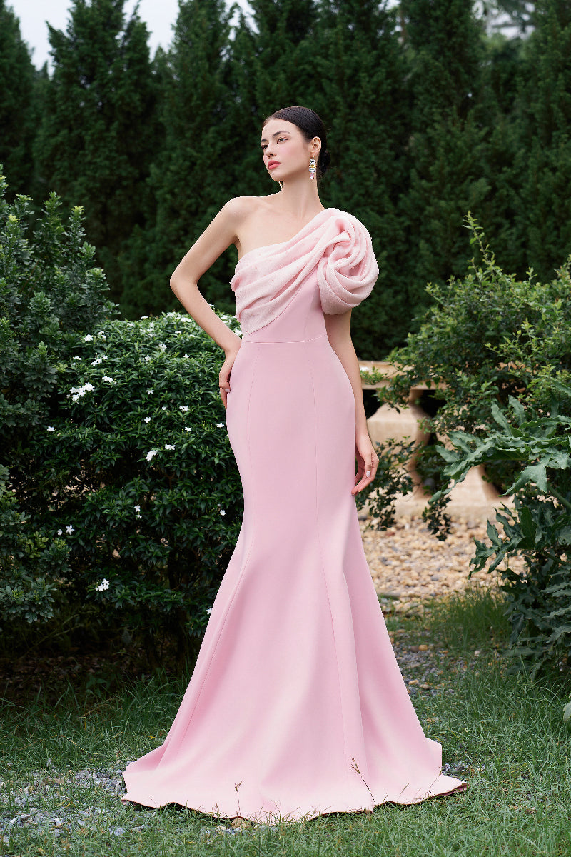 ASYMMETRICAL SHOULDER MERMAID GOWN WITH FLORAL DRAPED DETAILS - CULT MIA