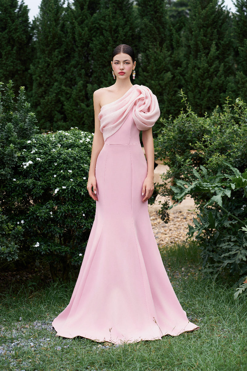 ASYMMETRICAL SHOULDER MERMAID GOWN WITH FLORAL DRAPED DETAILS - CULT MIA