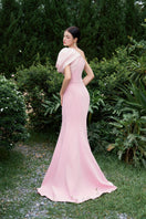 I.H.F asymmetrical shoulder mermaid gown with floral draped details, fitted silhouette, elegant evening dress.