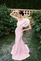 I.H.F asymmetrical shoulder mermaid gown with floral draped details, fitted silhouette, elegant evening dress with intricate floral accents.