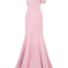 I.H.F asymmetrical shoulder mermaid gown with floral draped details, elegant fitted silhouette, and intricate fabric design.