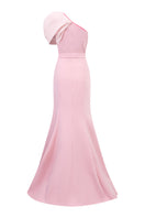 Elegant I.H.F asymmetrical mermaid gown with floral draped details, showcasing a fitted silhouette and stylish one-shoulder design.