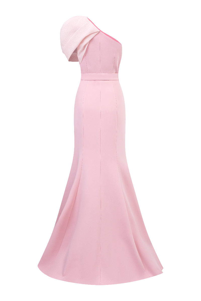 Elegant I.H.F asymmetrical mermaid gown with floral draped details, showcasing a fitted silhouette and stylish one-shoulder design.