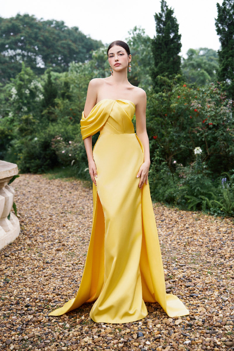 ASYMMETRICAL DRAPED STRAPLESS COLUMN SILK GOWN - CULT MIA