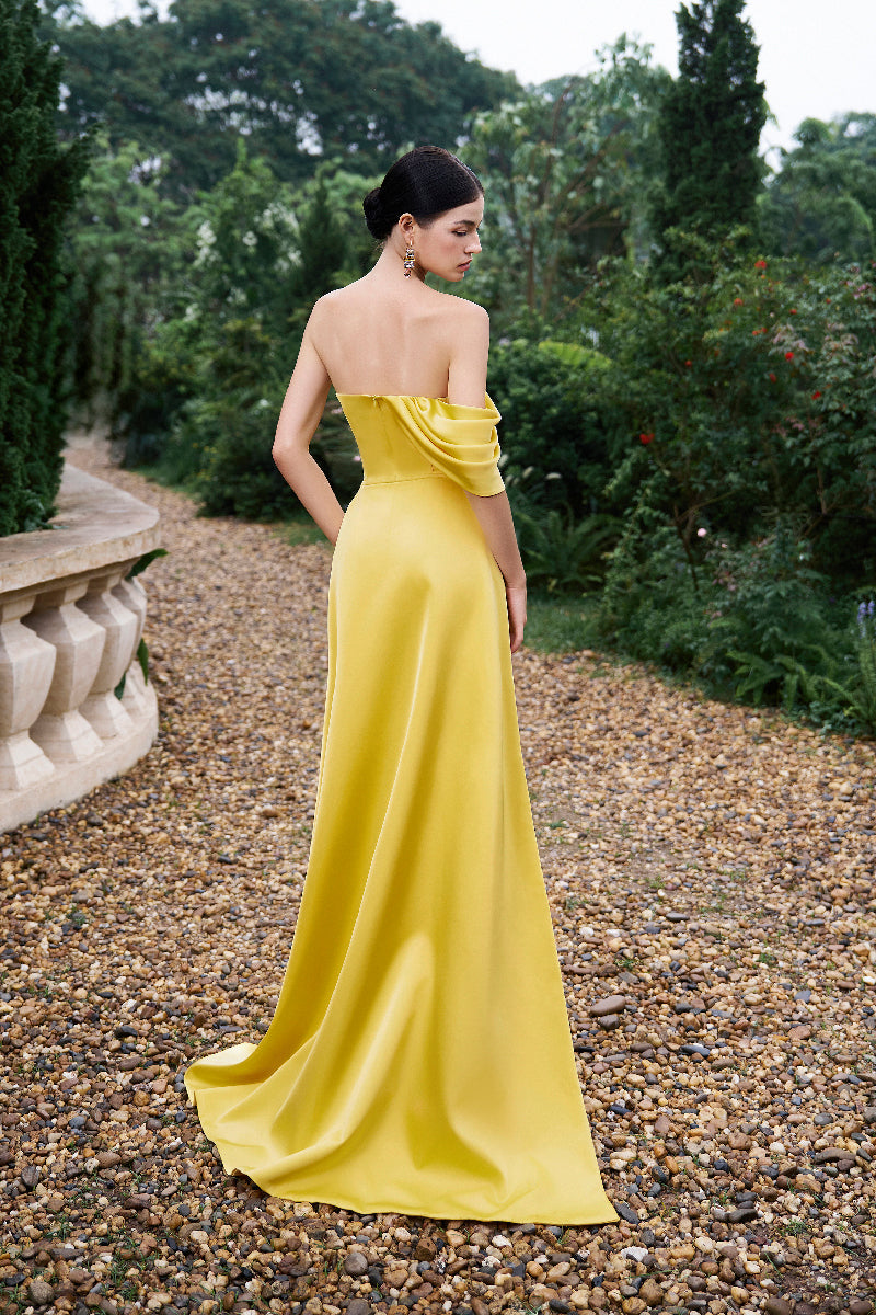 ASYMMETRICAL DRAPED STRAPLESS COLUMN SILK GOWN - CULT MIA
