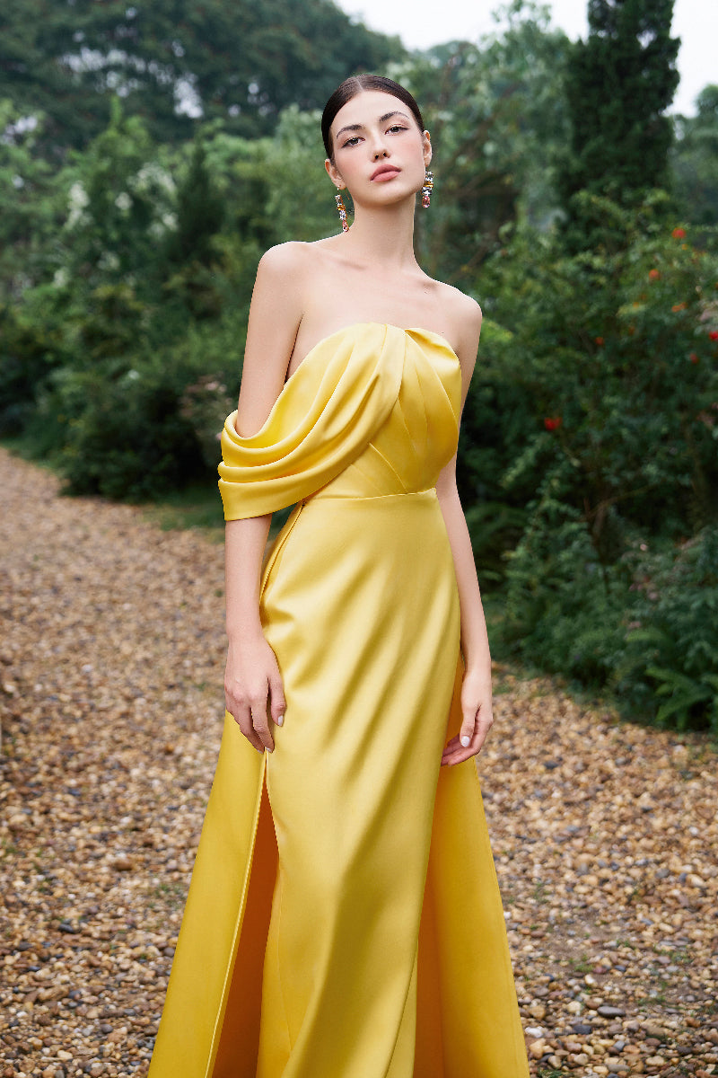 ASYMMETRICAL DRAPED STRAPLESS COLUMN SILK GOWN - CULT MIA
